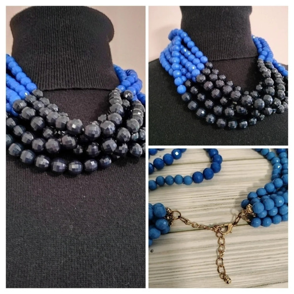 Ombre Blue Acrylic Beaded Chunky Fashion Statement Choker Style Necklace - Picture 1 of 6